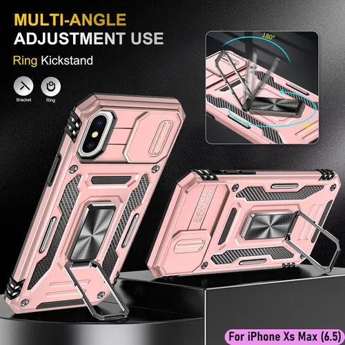 Vista 5 de Funda resistente para Apple iPhone Xs Max, protector híbrido de goma de doble capa de grado militar con protector de cámara deslizante, soporte Oro