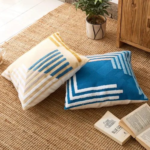 Vista 5 de vctops Funda decorativa para cojín con detalles de penachos geométricos estilo bohemio, funda de almohada cuadrada bordada en algodón para sofá