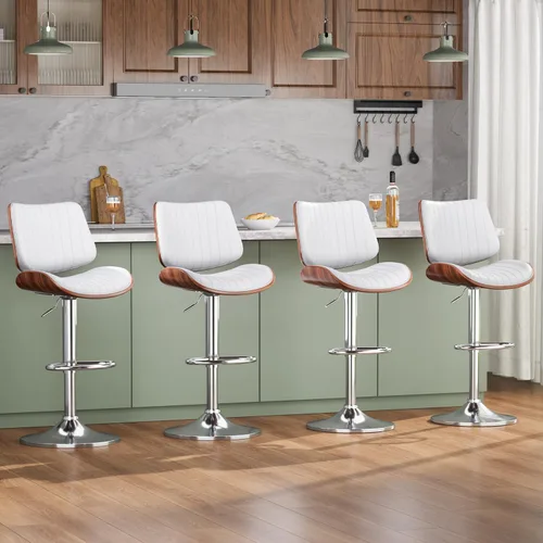Vista 28 de Juego de 1 taburetes de bar giratorios de madera curvada ajustables para encimera de cocina, moderna silla de bar tapizada de piel sintética