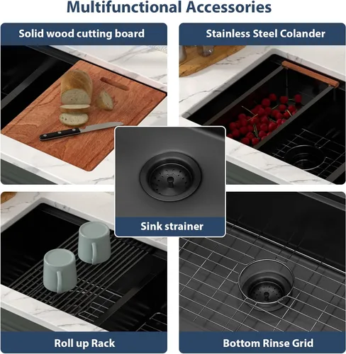 Vista 5 de Lordear 33 Inch Matte Black Double Bowl Kitchen Sinks