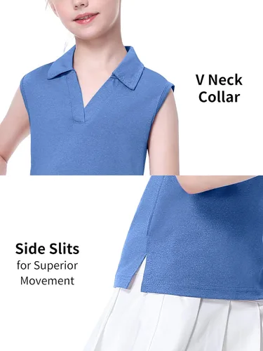 Vista 3 de EXARUS Camisetas polo de golf para niñas, sin mangas, cuello en V, tenis, atléticas, para ejercicio escolar de 5 a 12 años