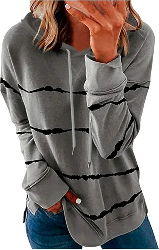 Vista 3 de Aniwood Sudaderas con capucha para mujer, moda 2023, sudaderas casuales de manga larga, sin botones, estampado a rayas, abertura lateral, ajuste