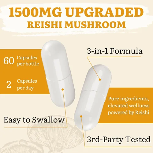Vista 7 de Suplemento japonés de hongos Reishi de 800 mg con extracto de hongo Reishi 500 mg y esporas rotas de cáscara de 200 mg, cápsulas orgánicas de hongos