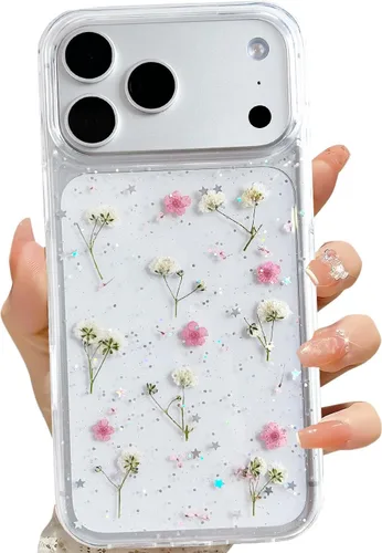 Vista 38 de LSEEKA Funda transparente para iPhone 11 con diseño de flores prensadas reales, linda y brillante, patrón floral rosa, funda protectora delgada