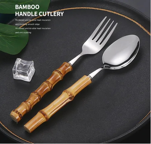 Vista 2 de Juego de cubiertos de bambú para 4, 20 piezas de cubiertos de acero inoxidable 18/8, juego de cubiertos de mango de bambú natural, utensilios