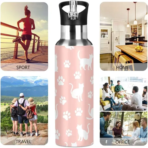 Vista 5 de Stainless Steel Vacuum Insulated Water Bottle 20 Oz, BPA-Free Sport Water Bottle Insulated for Gym Outdoor Travel School, Cat Paw Prints Pastel