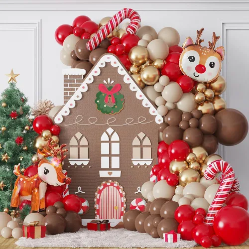 Vista 9 de Kit de 440 piezas de globos de Navidad para casa de jengibre, arco de globos marrón y blanco con piruletas, bastones de caramelo, hombre de jengibre