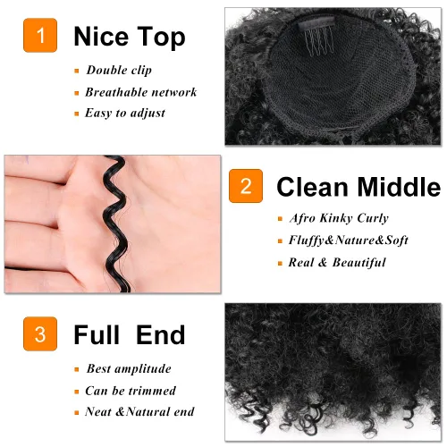 Vista 4 de Extensión de cabello sintético con cordón para coleta afro rizado para mujeres negras, onda corta (#1B, negro naturaleza)