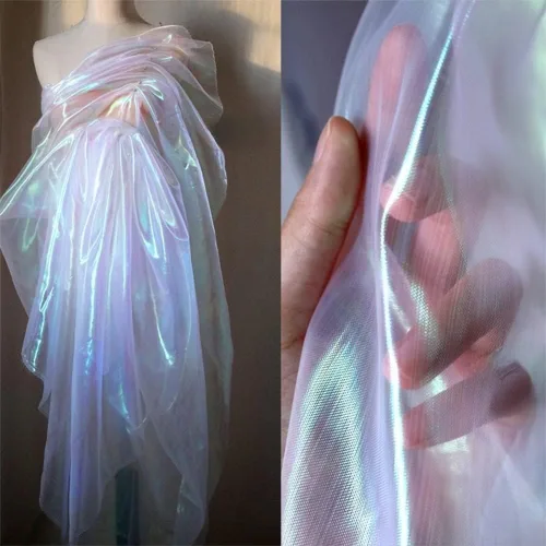 Vista 9 de Tela de encaje de organza con gradiente láser arcoíris mágico, tela de gasa holográfica iridescente para vestido de novia, cortina, fondo, fiesta
