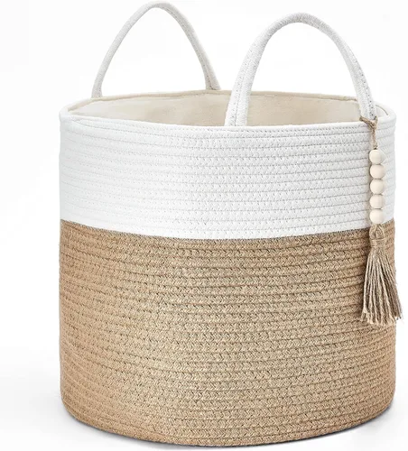 Vista 12 de Mkono - Canasta de almacenamiento tejida, canasta decorativa de cuerda natural con cuentas de madera para mantas, juguetes, ropa, zapatos y plantas