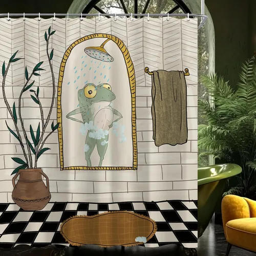 Vista 7 de Juego de cortina de ducha divertida con diseño de ranas para el baño 60x72 pulgadas, cortina de ducha retro linda con diseño de ranas, cortina