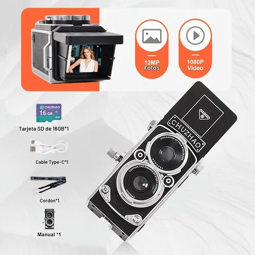 Vista 8 de Redcomets Mini cámara digital retro – Estilo vintage TLR apuntar y disparar cámara de vlogging de enfoque automático, compacta y portátil, tarjeta