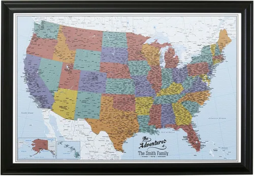 Vista 20 de Push Pin Travel Maps Lienzo personalizado Blue Oceans USA con marco gris de madera de granero