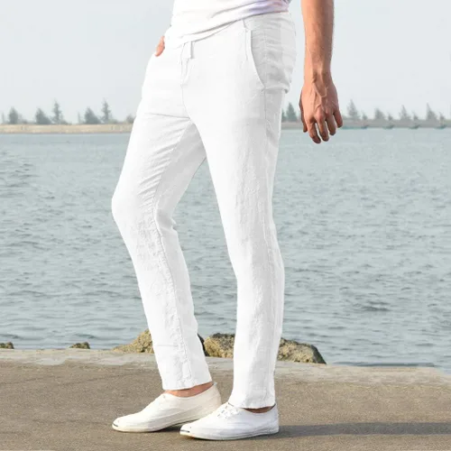 Vista 3 de Pantalones de lino para hombre, ajuste delgado, pantalones casuales de lino para hombre, piernas rectas, cordón elástico, cintura suelta, pantalones