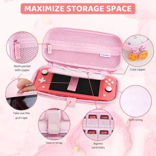 Vista 2 de Funda de transporte rosa para accesorios Nintendo Switch Lite, paquete de funda de viaje para Switch Lite con funda protectora de TPU suave, correa