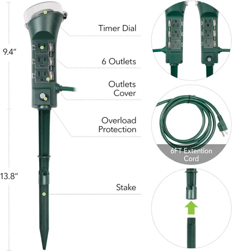Vista 5 de BN-LINK - Temporizador de estaca para exteriores con temporizador mecánico, 6 tomas de tierra - Cable de 1.8 m, resistente a la intemperie