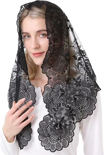 Vista 5 de Cabeza Tradicional Bordado Mantilla Encaje Triángulo Mantilla Velo Latino Masa