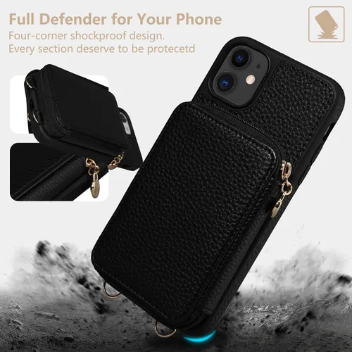 Vista 9 de Funda para iPhone 11 de 6.1 pulgadas, cartera cruzada con cremallera y ranuras para tarjetas de bloqueo RFID, soporte de soporte, cordón desmontable