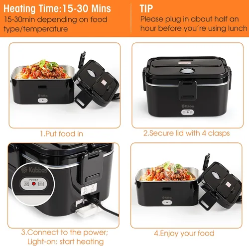 Vista 5 de Kabbas Lonchera eléctrica portátil de 1.8 L para adultos, lonchera térmica de 100 W para hombres con doble contenedor extraíble, calentador