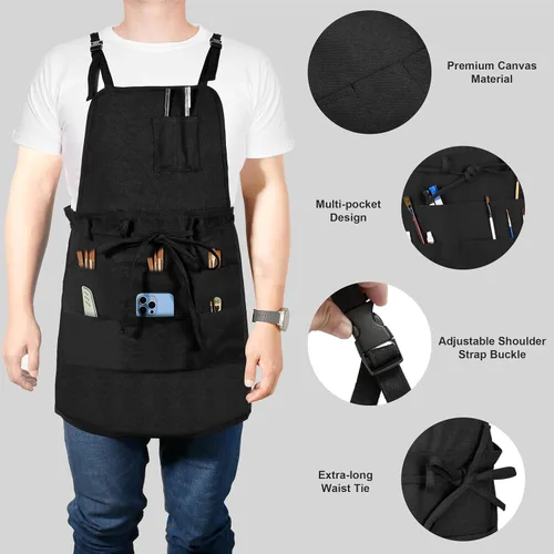 Vista 3 de MyLifeUNIT Delantal de artista, delantal de pintura ajustable con 10 bolsillos para artes y manualidades, delantal de cerámica de lona negra