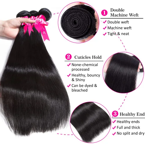 Vista 5 de Subella 3 manojos de cabello humano brasileño lacio, grado 10A, virgen, sin procesar, color negro natural (8, 10, 12 pulgadas)