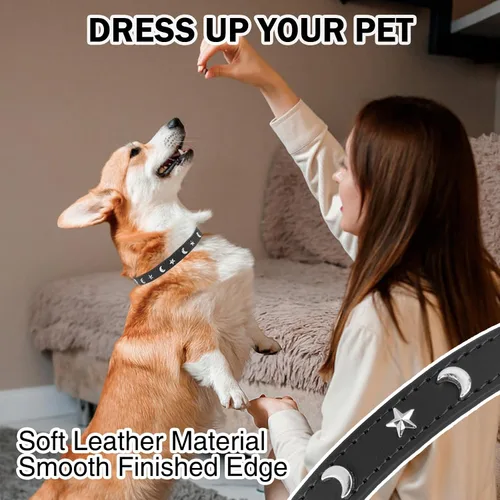 Vista 4 de Collar de cuero para perros pequeños, collar suave y ajustable con remaches de estrella y luna para perros machos y hembras, collares para cachorros