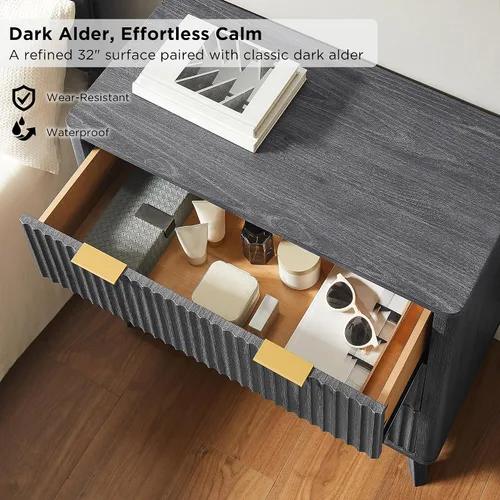 Vista 4 de T4TREAM Cómoda acanalada de 3 cajones de 32 pulgadas para dormitorio, aliso Aliso Oscuro