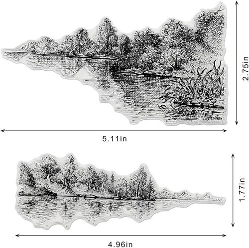 Vista 2 de Sellos transparentes de fondo de paisaje de árbol lago para hacer tarjetas, decoración de álbumes de recortes, sellos transparentes de silicona