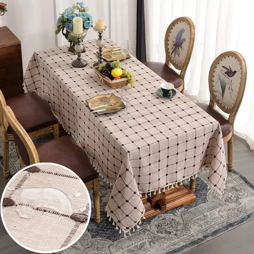 Vista 2 de Mantel bordado de lino de algodón rectangular con borla, a prueba de derrames, a prueba de polvo, mantel decorativo lavable para cocina, comedor