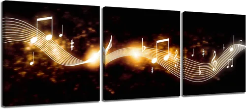 Vista 12 de 3 piezas de lienzo musical para pared, impresiones de notas musicales abstractas, coloridas ilustraciones de ondas sonoras, claves agudas