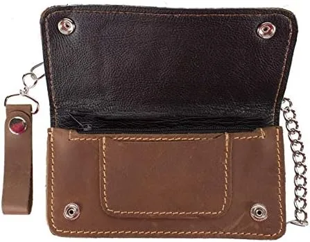 Vista 2 de Billetera Billys Biker Gear Premium de cuero marrón con cadena bifurcada