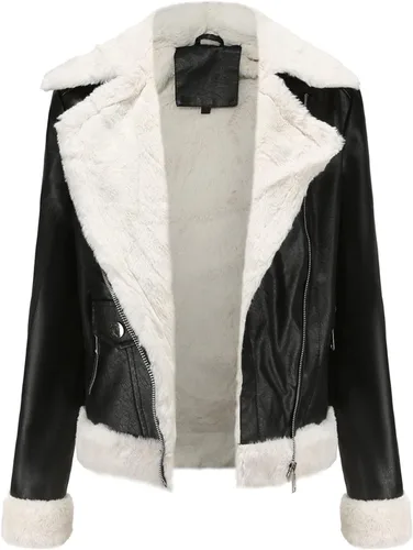 Vista 5 de Chaqueta de moto de piel sintética para mujer, abrigada y gruesa con forro grueso, chaquetas de motocicleta de cuero vegano a la moda