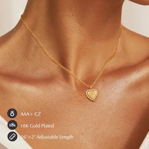 Vista 2 de MORAOWA Heart Necklaces for Women, 14k Gold Plated Dainty CZ Pendant Necklace Simple Silver Necklace for Women Minimalist Trendy Jewelry Gifts