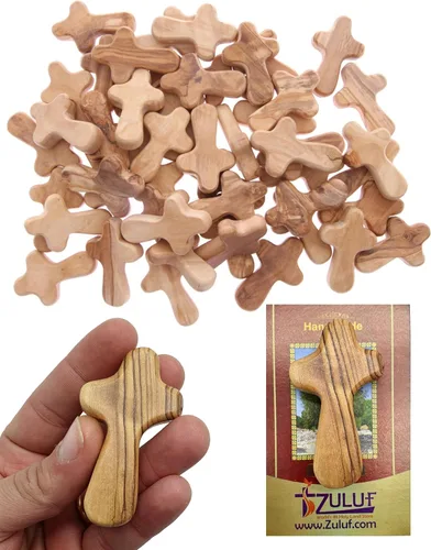 Vista 4 de Cruz de sujeción de madera de olivo de Zuluf de 6.35 cm, para palma, católica, cristiana, regalo certificado de Tierra Santa, Belén
