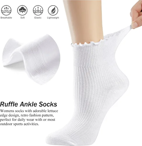 Vista 3 de UTTPLL Calcetines de cuello redondo con volantes para mujer, calcetines atléticos estéticos de lechuga para mujer, finos y encantadores calcetines