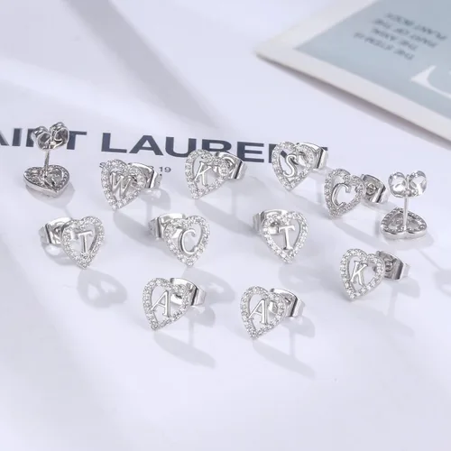 Vista 6 de Anoup 925 Sterling Silver Earrings - 14K Solid Gold All Over Hypoallergenic, CZ Simulated Diamond Heart Stud Earrings Dainty Fashion Initial