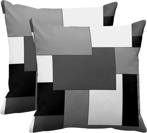 Vista 10 de Emvency Juego de 2 fundas de almohada geométricas marrones, color negro, gris, blanco, pintura abstracta a cuadros, funda de almohada decorativa