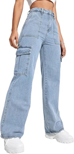 Vista 3 de SweatyRocks Pantalones vaqueros cargo de cintura alta para mujer, con bolsillo con solapa y pierna ancha
