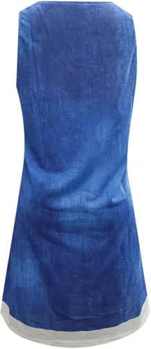 Vista 5 de Ruziyoog Vestido falso de dos piezas para mujer, vestido casual de verano, cuello redondo, estampado de mezclilla, vestido holgado acampanado