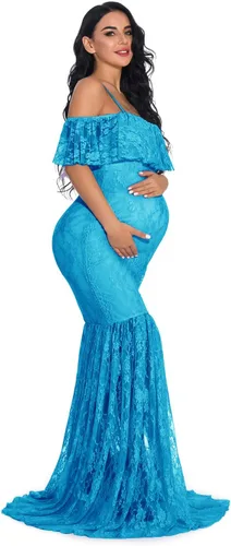 Vista 3 de ZIUMUDY Vestido de maternidad de encaje ajustado con mangas con volantes y hombros descubiertos, vestido de fotografía para baby shower