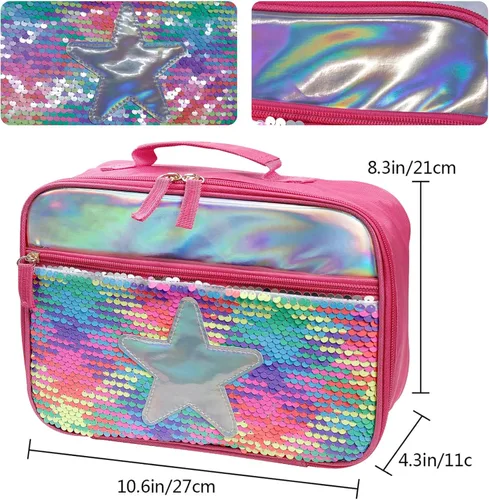 Vista 3 de Bolsa de almuerzo con lentejuelas con aislamiento de mano, bolsa de transporte espaciosa reutilizable, bolsa de transporte, kit de comida de viaje