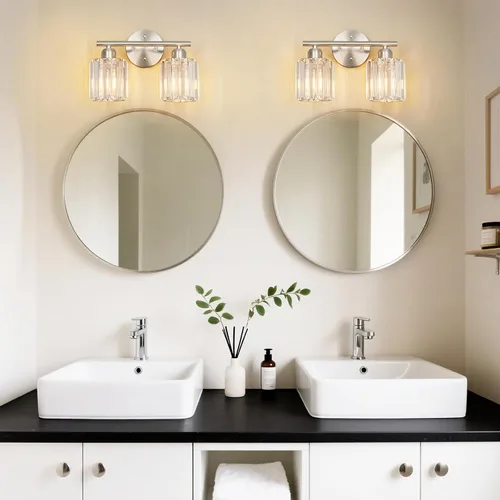 Vista 7 de Moderna lámpara de tocador de cristal de 2 luces, lámpara vertical de baño de níquel cepillado sobre espejo para tocador y lavabo, compatible