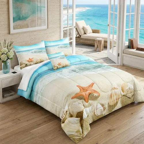 Vista 20 de Bedbay Juego de edredón con temática de playa, juego de edredón costero tamaño Queen, vida marina, turquesa, estrellas de mar, juego de edredón