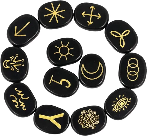 Vista 11 de Rockcloud Cristal curativo negro obsidiana amatista gitana símbolo brujas runas piedras chakras piedra de palma equilibrio Reiki, 10 piezas