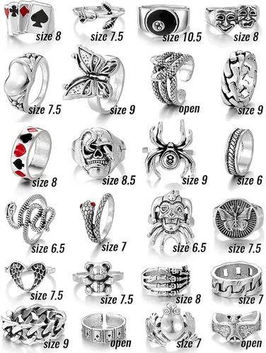 Vista 7 de KISS WIFE Vintage Silver Goth Punk Rings Set for Men Women Girls Cool Gothic Ring Pack Chunky Stackable Knuckle Finger Rings Bulk Adjustable Open