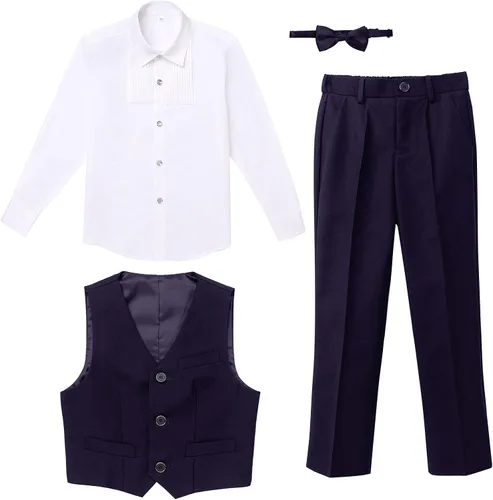 Vista 4 de Traje para niños y niños, camisa de vestir blanca ajustada+chaleco+pantalones largos+corbatín 4 piezas anillo de boda portador esmoquin traje formal