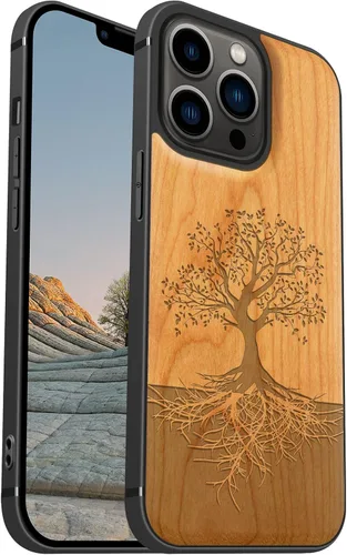 Vista 13 de Carveit Funda magnética de madera para iPhone 13 [madera real dura y TPU suave negro] funda protectora de madera única y elegante a prueba de golpes