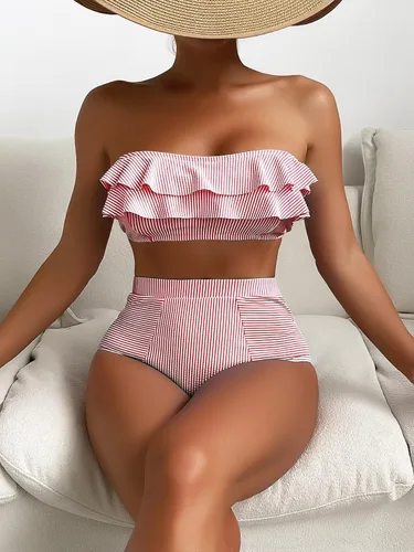 Vista 4 de Floerns Conjunto de bikini de 2 piezas con estampado de rayas de cintura alta y ribete con volantes para mujer