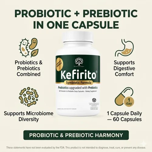 Vista 10 de Kefirito Daily Symbiotic Formula – Suplemento diario probiótico + prebiótico, 60 cápsulas – Absorción equilibrada de nutrientes y apoyo de comodidad