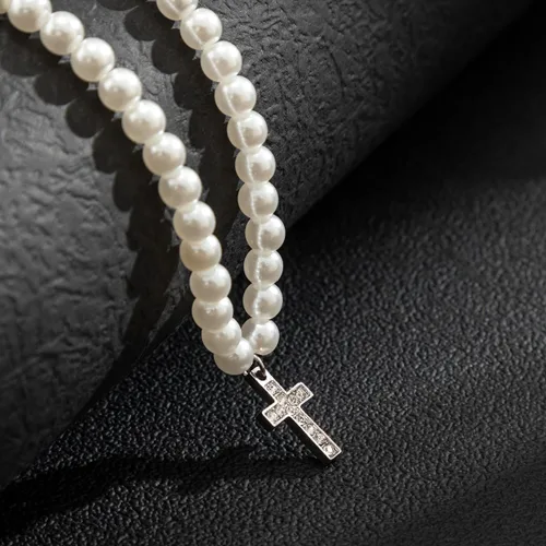 Vista 5 de Collar de perlas para hombre, collar de cadena cubana de varias capas, collar de perlas artificiales para mujeres y hombres, regalos